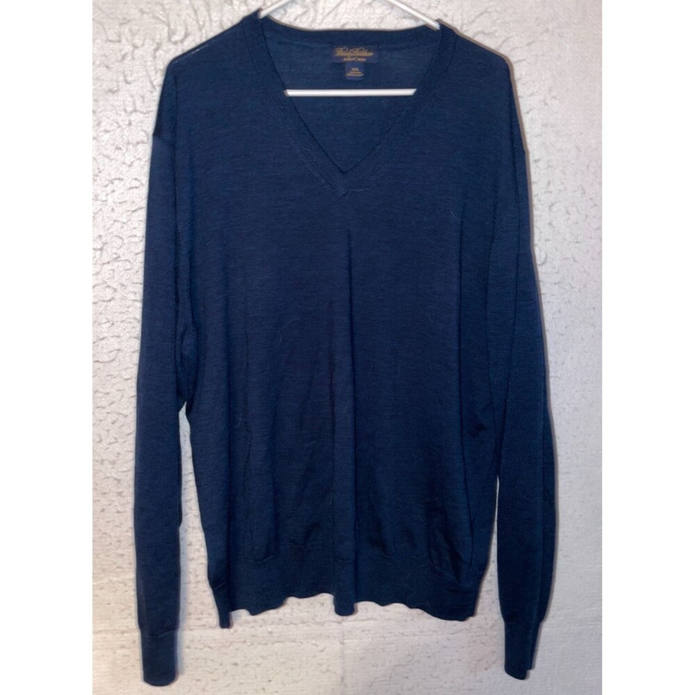 Brooks Brothers Men's 100% Saxxon Wool V-Neck Sweater Navy Blue Size XXL